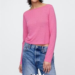 GAP Women's Size Large Tall Navy Blue Linen-Blend Boatneck Long Sleeve Crop Top
